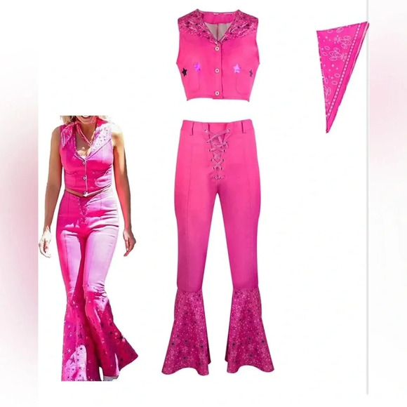 Women Girls Margot Robbie Cosplay Cowgirl Costume 70s 80s Size Large - Picture 2 of 15